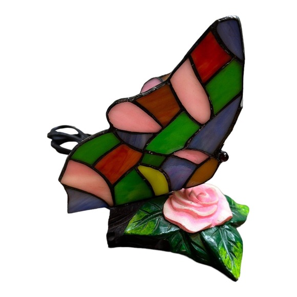 BUTTERFLY Tiffany Style Stained Glass Table Shelf Lamp Night Light 7" Tall - Picture 5 of 6